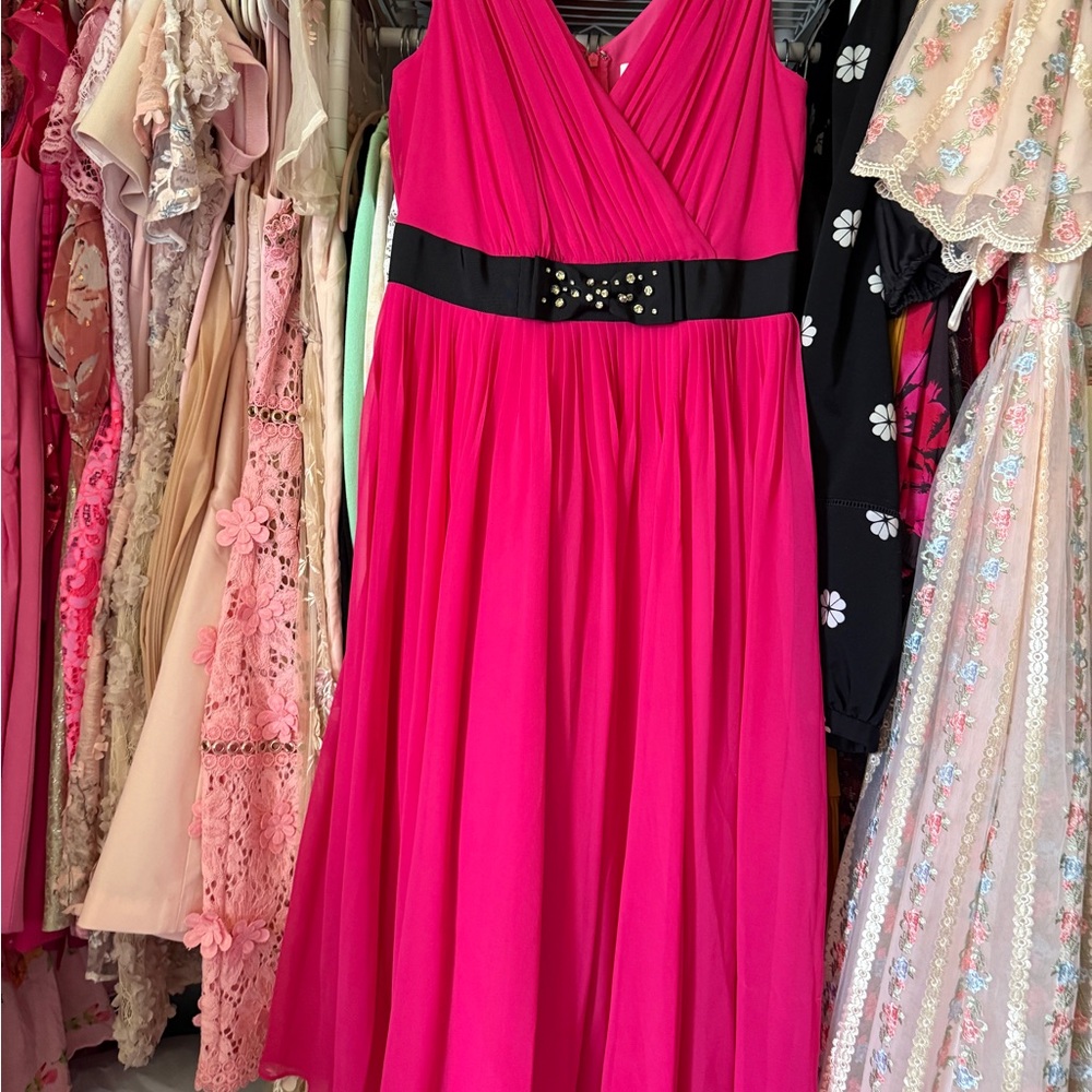 Kate Spade Vibrant Pink Midi Dress with Black Accent